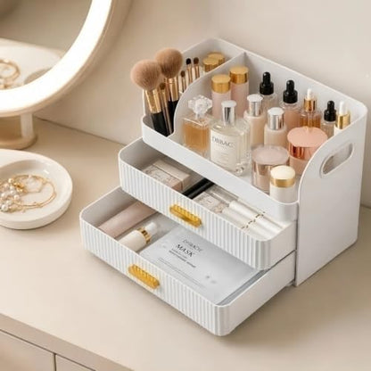Makeup Organizer with Drawers and Brush Holder - Large White Vanity Storage
