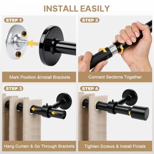 Extra Long Curtain Rods 144-240 Inches with 1” Diameter & Reinforced Brackets - Variation of 32" to 240"