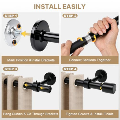 Extra Long Curtain Rods 144-240 Inches with 1” Diameter & Reinforced Brackets - Variation of 32" to 240"