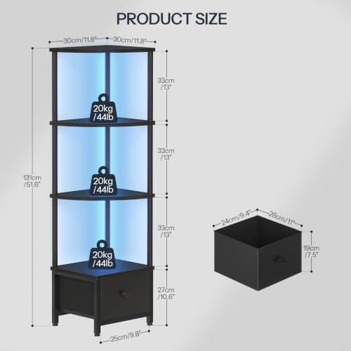 Corner Shelf Stand with LED Light and Drawer - Black, 11.8 x 11.8 x 51.6 inches