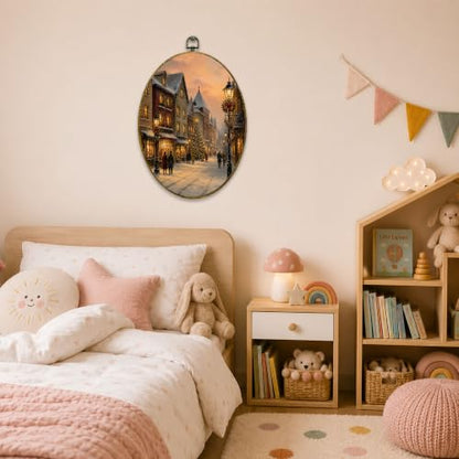 Christmas Village Street Oval Wall Art - Snowy Holiday Decor, Variation of THIS listing