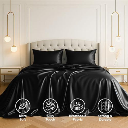 Pure Bedding Satin Sheets Queen [4-Piece, Black] Hotel Luxury Silky Bed Sheets - Extra Soft 1800 Microfiber Sheet Set, Wrinkle, Fade, Deep Pocket Fitted Sheet, Flat Sheet, Pillow Cases
