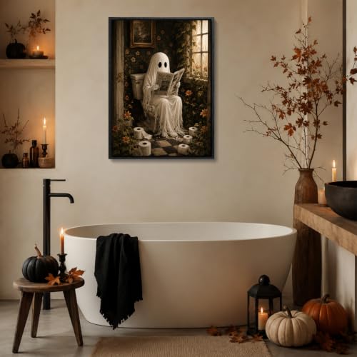 Halloween Ghost Wall Art Canvas Print - Reading Ghost in Bathroom 8x10