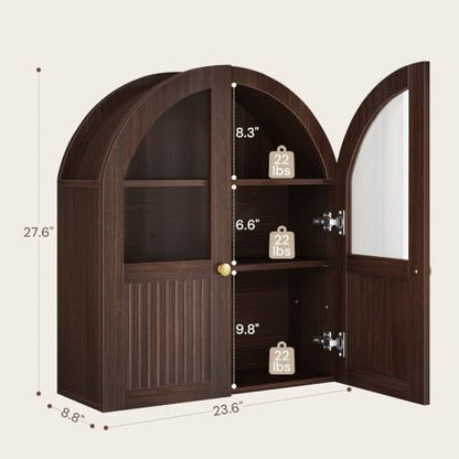 Vividwood Walnut Arched Wall Bathroom Cabinet 24x28 Inch with Glass Door & Adjustable Shelf - 1 Pack