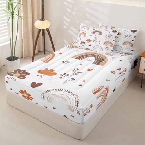 Rainbow Zipper Bedding Set Twin - Boho Microfiber Comforter & Pillowcases, Light Blue/White/Brown/Beige Variation