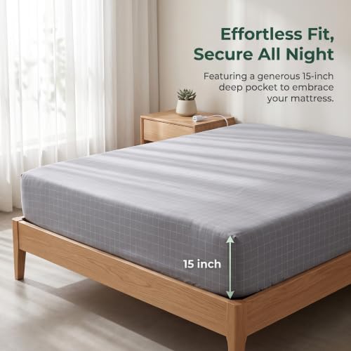 Queen Size Grounding Sheets with Silver Fiber, Deep Pocket, Grounding Cord & Test Pen - Gray