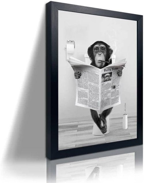 Funny Monkey Framed Wall Art - Humorous Black and White Bathroom Decor | Rustic 8"x10" Frame