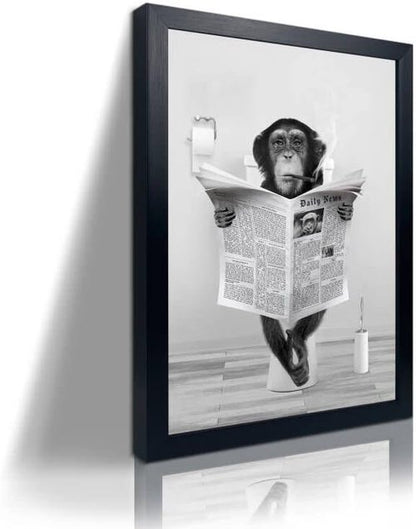 Funny Monkey Framed Wall Art - Humorous Black and White Bathroom Decor | Rustic 8"x10" Frame