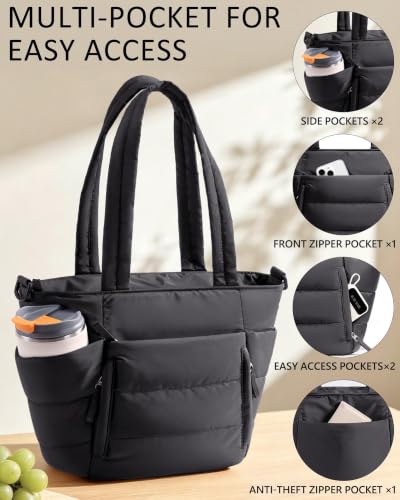 Puffy Insulated Lunch Tote Bag for Women with Multiple Pockets - Black