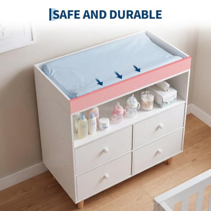 Baby Changing Table with 4 Drawers & Shelves - White Nursery Dresser
