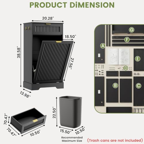 Tilt-Out Trash Can Cabinet 13 Gallon Black with Deodorizing Function - 14 x 20.3 x 38.6 Inches