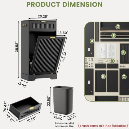 Tilt-Out Trash Can Cabinet 13 Gallon Black with Deodorizing Function - 14 x 20.3 x 38.6 Inches