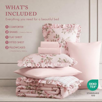 Pink Ruffled Floral Comforter Set Full Size - 7 Piece Bed-In-A-Bag