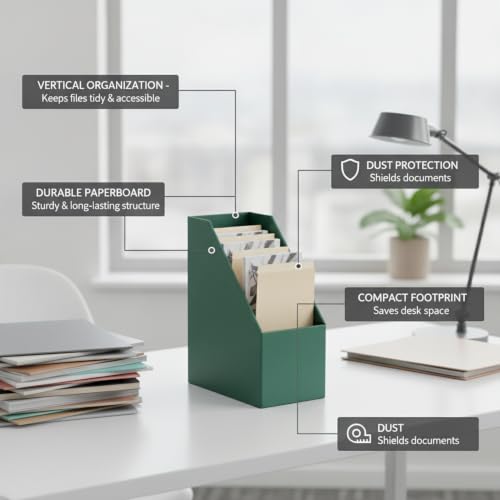 Vertical File Storage Box - Green, Upright Paper Magazine Organizer for Desk