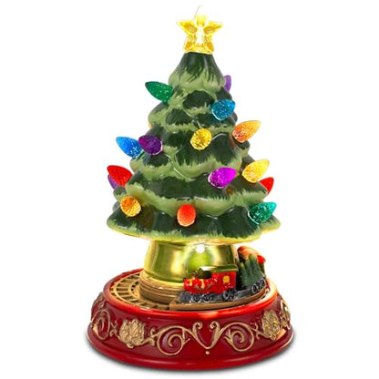 Lighted Ceramic Christmas Tree with Rotating Train - 7.48 Inch Holiday Decor