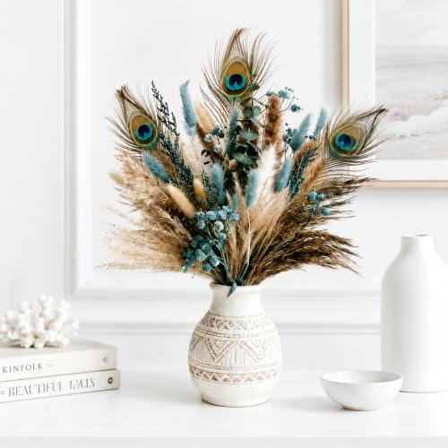 Teal Blue Turquoise Boho Bouquet with Dried Pampas Grass - 75 Pcs