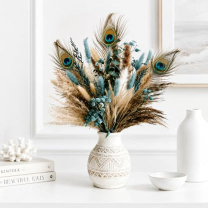Teal Blue Turquoise Boho Bouquet with Dried Pampas Grass - 75 Pcs