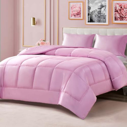 Full/Queen Satin Comforter - Pink Down Alternative Luxury Bedding