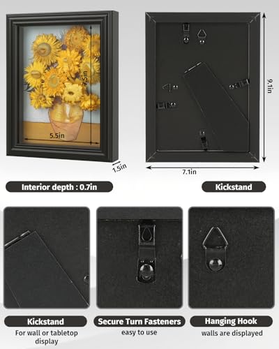 6x8 Black Shadow Box Frame with 0.7 Inch Inner Depth - Real Glass Front