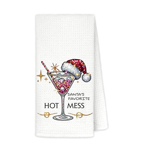 White Christmas Cocktail Kitchen Towels - Santa Hat Martini Glass Decorative Hand Towels, Fun Holiday Dish & Bath Decor, 16x24 Inch - Variation of THIS listing