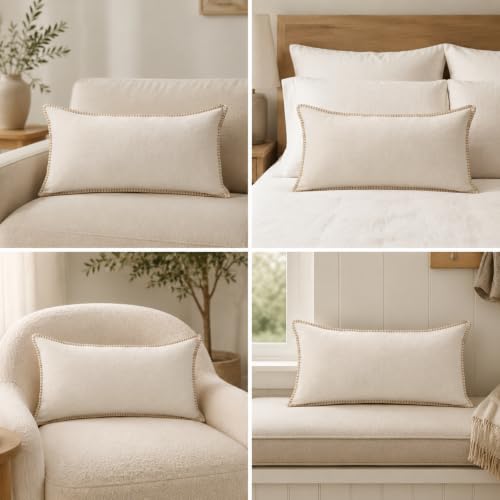 Chenille Lumbar Pillow Cover 12x24 Beige Decorative Cushion Cover