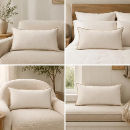 Chenille Lumbar Pillow Cover 12x24 Beige Decorative Cushion Cover