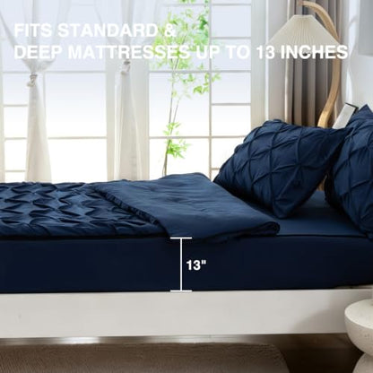 Aimuan Navy Twin Zippered Bedding Set Pinch Pleated Comforter & Fitted Sheet