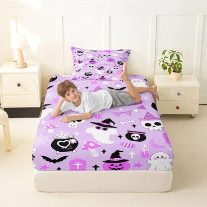 Halloween Purple Ghost Fitted Sheet Twin Size with Pillowcase - Kids Bedroom Decor
