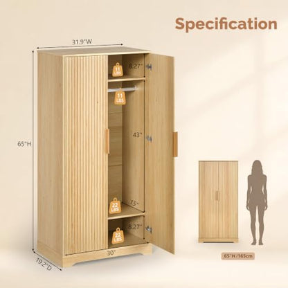 Fluted Wood Armoire Wardrobe with Doors, 2-Shelf Hanging Closet