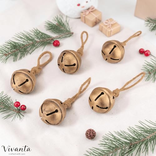 Gold Sleigh Bells for Christmas Decorations - 5 Pcs Brass Finish Rustic Ornaments with Jute Rope