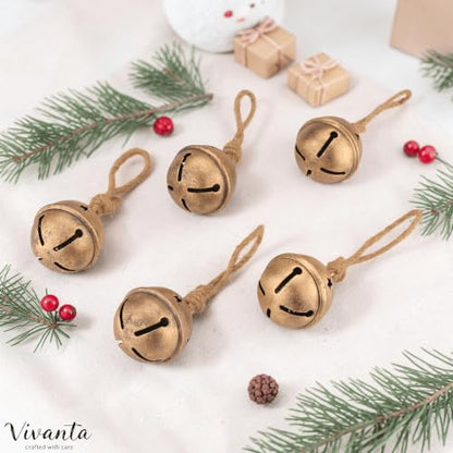 Gold Sleigh Bells for Christmas Decorations - 5 Pcs Brass Finish Rustic Ornaments with Jute Rope