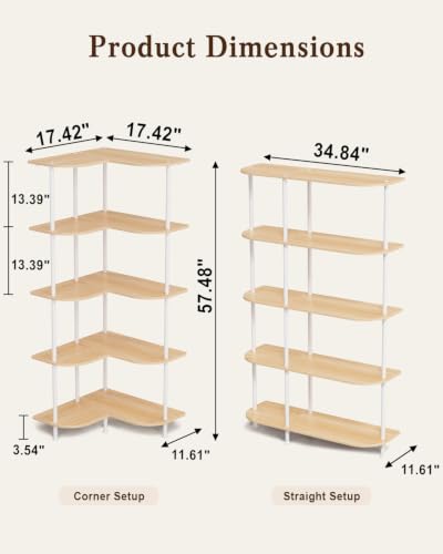 5-Tier Corner Shelf Adjustable Tall Corner Shelves Natural Beige - Golener