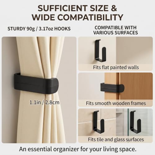 No Drill Adhesive Curtain Holdbacks - L-Shaped Black Plastic Set of 2