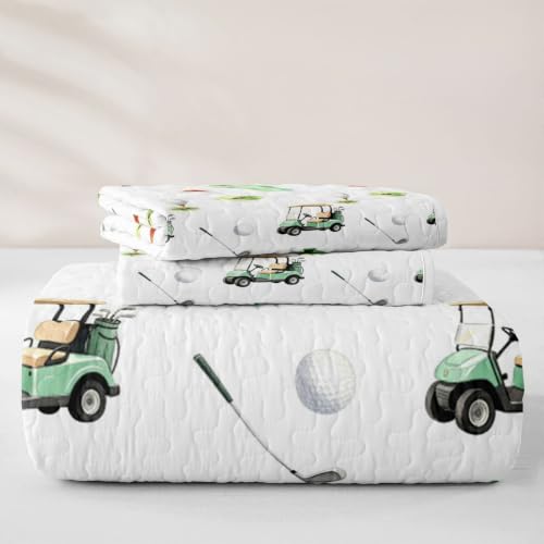 Full Bed Golf Quilt Set with Pillowcases - White Green, 3 Pieces