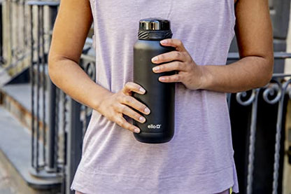 Ello Cooper 22oz Stainless Steel Water Bottle with Straw and Carry Handle, Double Walled and Vacuum Insulated Metal, Leak Proof Locking Lid with Soft Silicone Spout, Reusable, BPA Free, Black