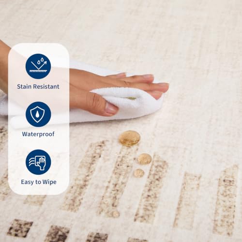 Large 5x7 Washable Area Rug - Non-Slip Beige Scalloped Border