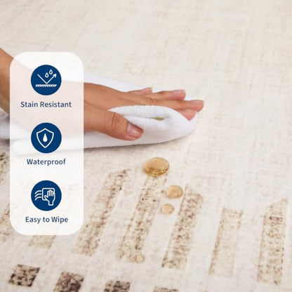 Large 5x7 Washable Area Rug - Non-Slip Beige Scalloped Border