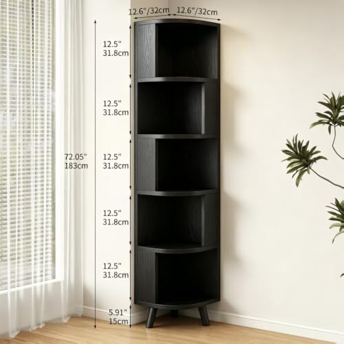 5-Tier Corner Bookshelf Black with Baffle - Space-Saving Wall Shelf