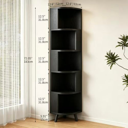 5-Tier Corner Bookshelf Black with Baffle - Space-Saving Wall Shelf