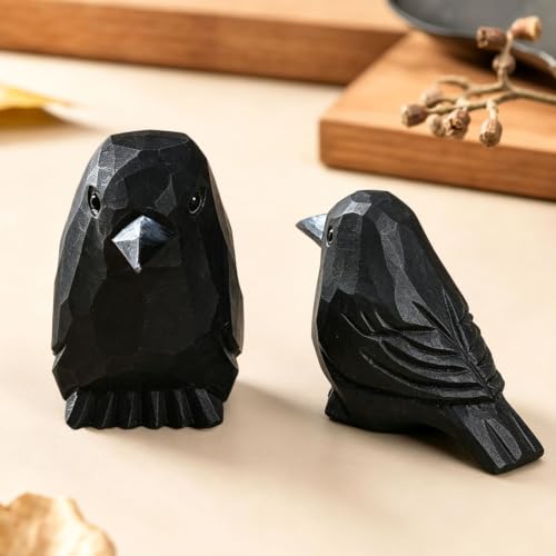 Hand-Carved Wooden Raven & Crow Figurine Set - Gothic Home Decor