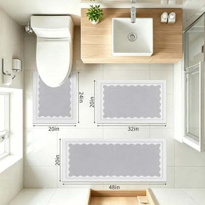 Bathroom Rug Set 3 Piece Non Slip Washable Light Grey