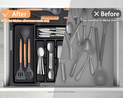 Spaclear Silverware Organizer Expandable Kitchen Utensil Drawer Organizer with 9 Compartment Large Cutlery Organizer Tray for Forks Knives Plastic Black 13" - 22" W,14.5" - 19" L