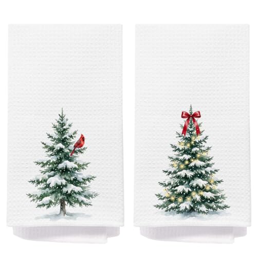 Christmas Tree Red Cardinal Kitchen Dish & Hand Towels Set of 2 - 16x24 Inches