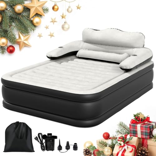 Queen Size Air Mattress with Headboard & Cup Holders, Portable Inflatable Bed