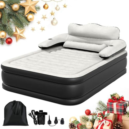 Queen Size Air Mattress with Headboard & Cup Holders, Portable Inflatable Bed