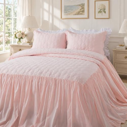 Pink Cotton Bedspread Set with Bow Stitching - King Oversized 3PC - Brandream