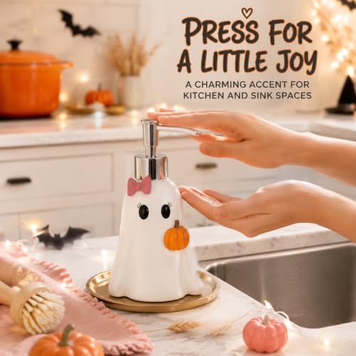 Halloween Soap Dispenser - White Ghost with Pink Bow & Pumpkin Decor