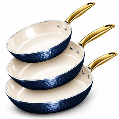 Gotham Steel Hammered Navy 3-Piece Titanium Ceramic Nonstick Frying Pan Set