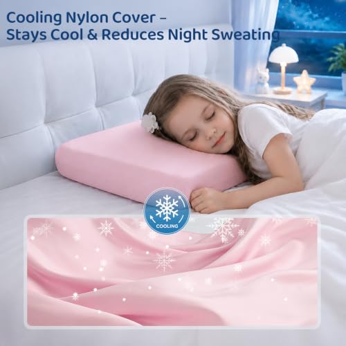 Adjustable Kids Pillow with Memory Foam & Cooling Nylon Cover - Pink 13x22