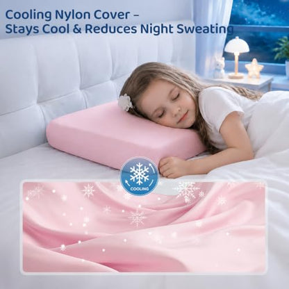 Adjustable Kids Pillow with Memory Foam & Cooling Nylon Cover - Pink 13x22